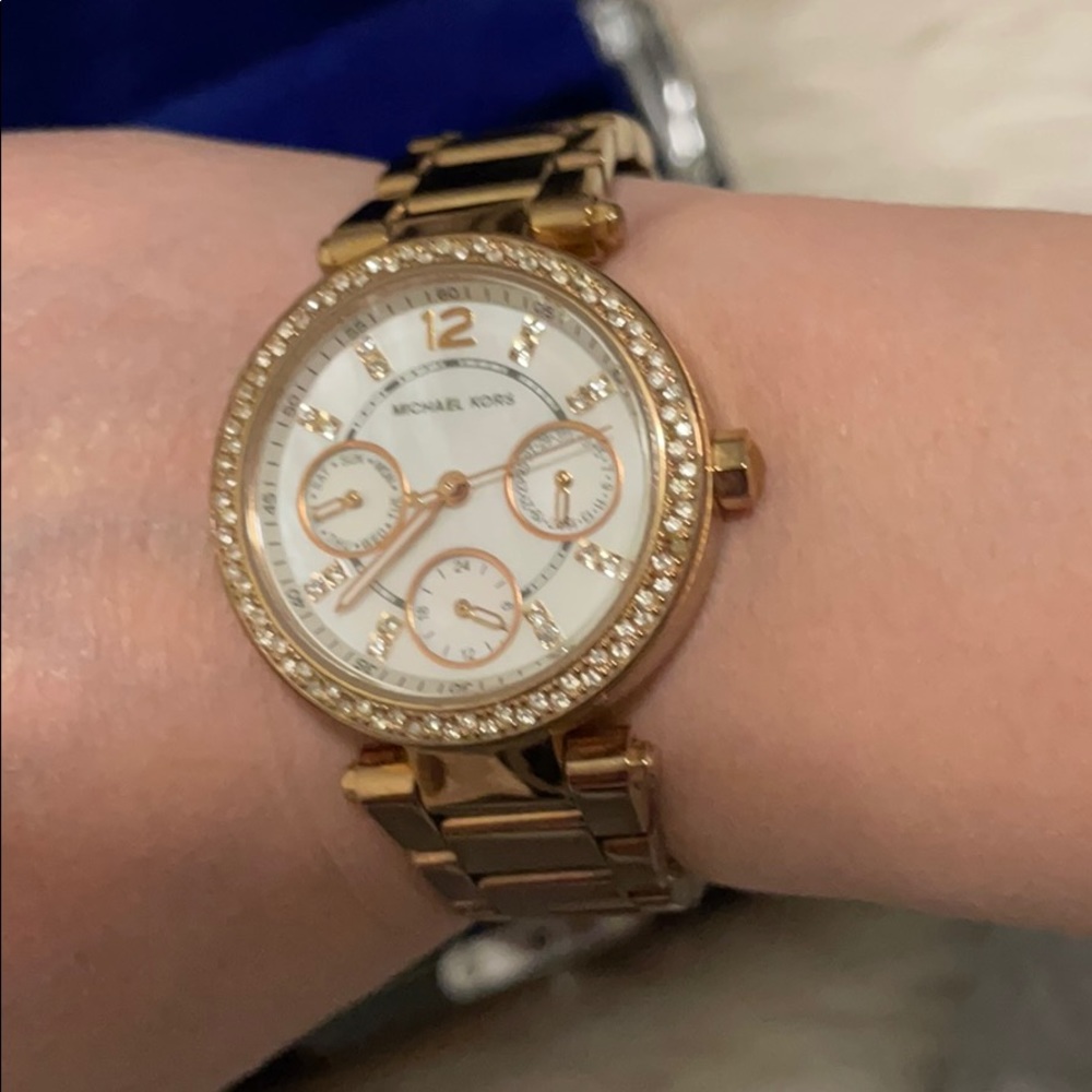 Michael Kors gold watch, pearl face with diamonds